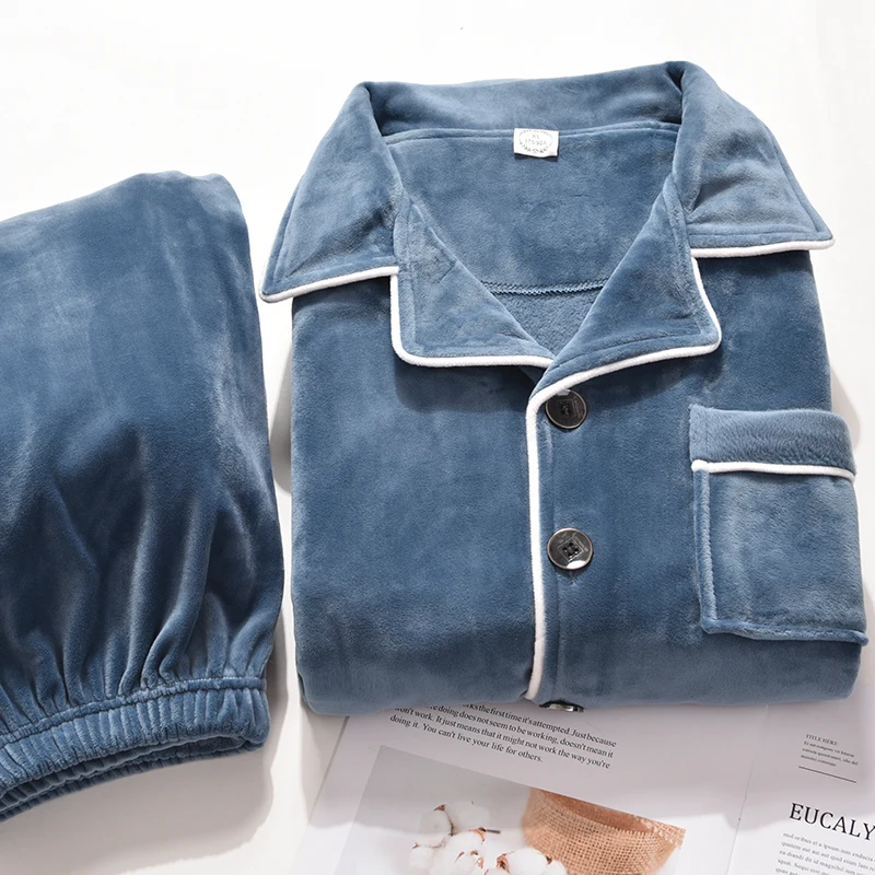Winter Flannel Pajamas Men PJ Full Sleeves Homeclothes Warm Pijama Coral Fleece Sleepwear Thicken Soft Gray Pyjama Homme