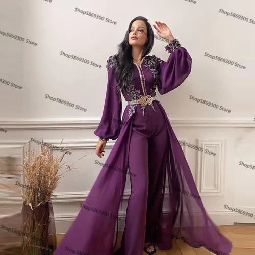 Purple Long Sleeve Evening Jumpsuit Dress with Overskirt Lace Beaded Moroccan Kaftan  Dubai Arabic Prom Pant Suit customsized