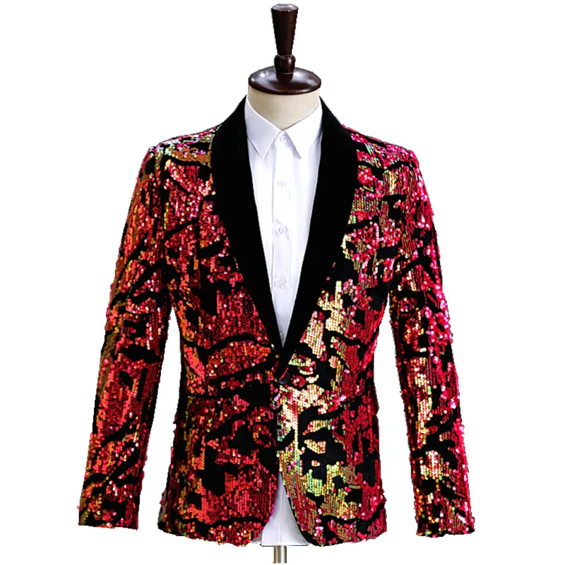 Men Fashion Shawl Lapel Red Gold Sequins Blazer Star Concert Men Singer Glitter Suit Jacket Host Evening Party Formal Tuxedo