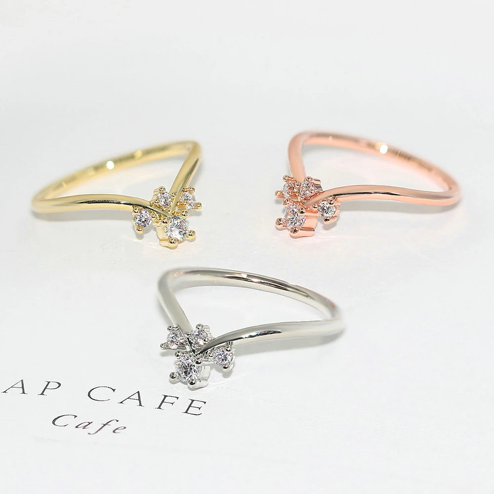 ZHOUYANG V Shape Rings For Women Simple Unique Small Zircon 3 Color Daily Birthday Gifts  Finger Ring Fashion Jewelry R913