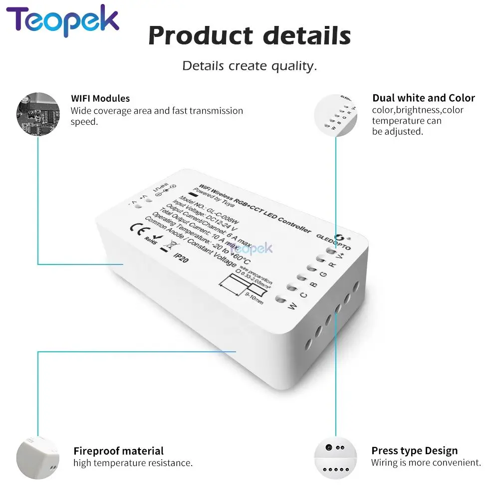 Contrôleur de bande lumineuse à document unique, contrôle d'application Tuya Smart Life, RVB, CCT, WiFi, LED, pas besoin de concentrateur, 5 en 1, RVB, RGBW