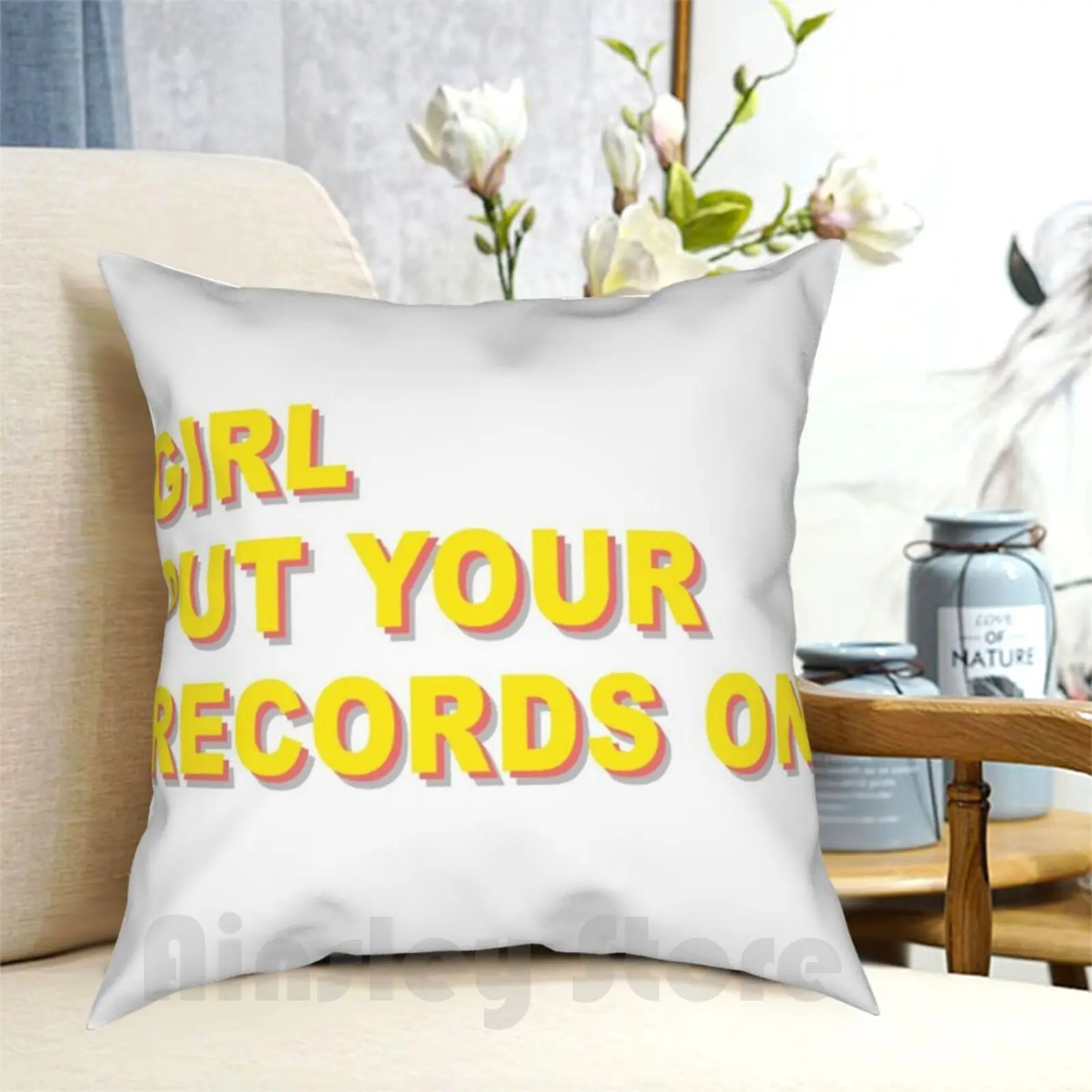 

Girl Put Your Records On Pillow Case Printed Home Soft DIY Pillow Cover Records Music Vinyl 80s Bold Text