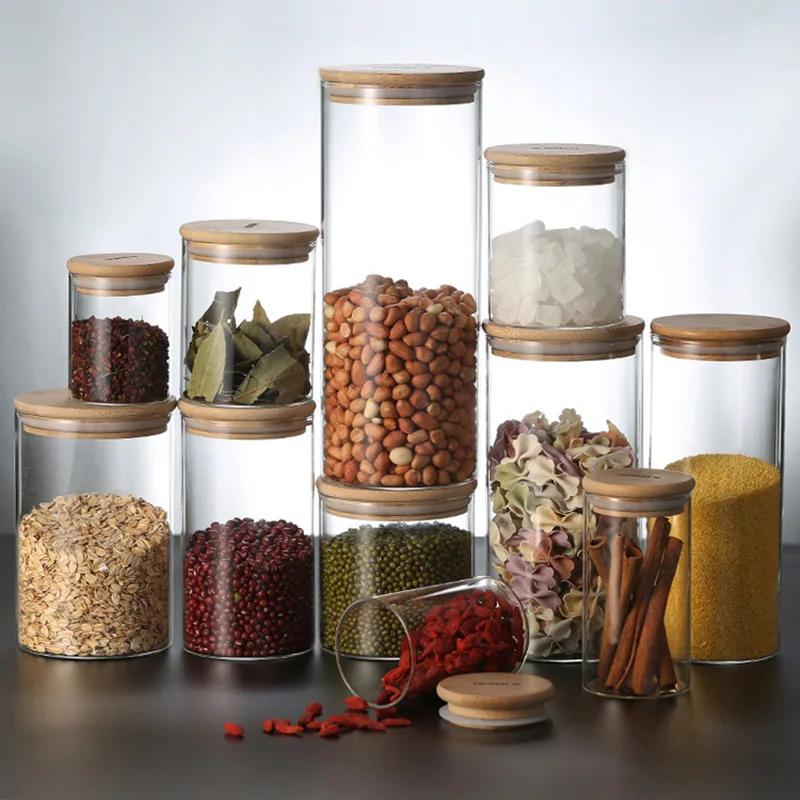 Transparent Glass Jars with Bamboo Lids, Food Storage Containers with Lid, Sealed Small Bottle, Kitchen Items