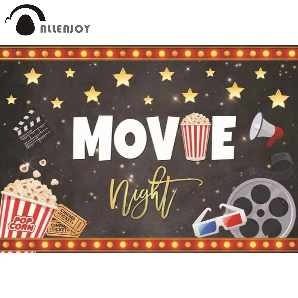 Allenjoy Movie Night Party Background Friends Birthday Decoration Stars Glasses Lights Banner Popcorn Photobooth Backdrop