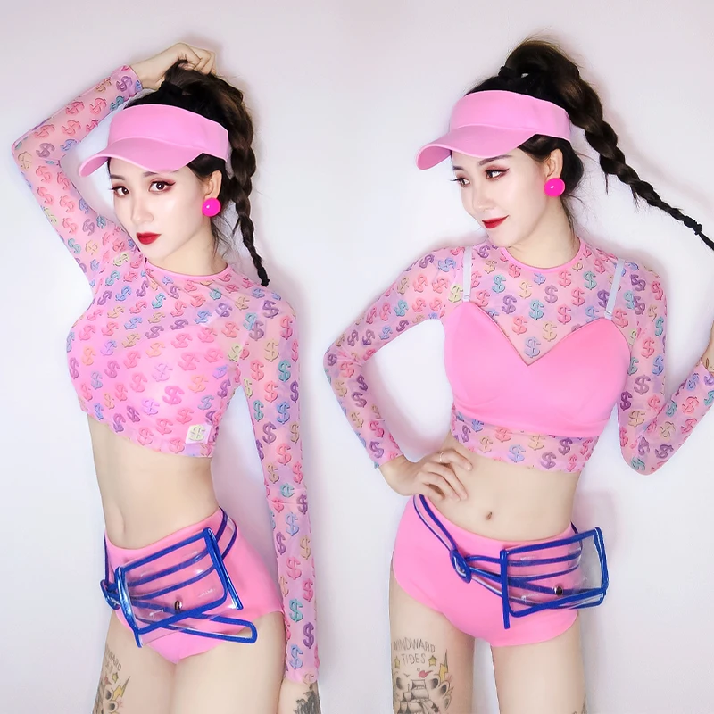 

Jazz Dance Costumes Nightclub Singer Rave Clothes Street Dancing Outfits Stage Wear Sexy Seethrough Mesh Top Shorts DT2051