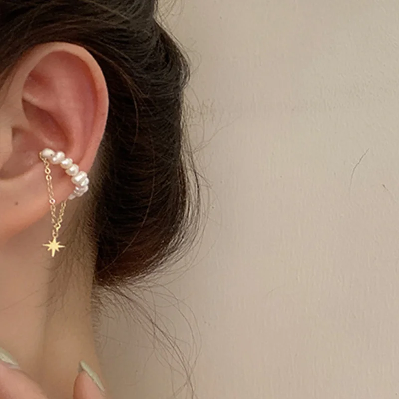 Pendientes de perlas para mujer, cadena de borla de temperamento francés, sin Piercing, joyería coreana, Clip de hueso del oído, nuevo