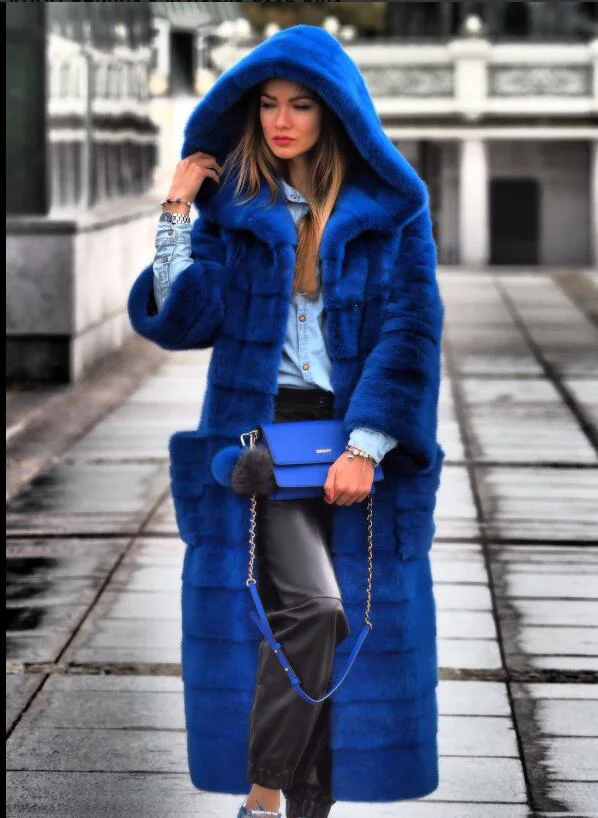 Winter Real Mink Fur Coat With Hat Ladies Eco-friendly Mink Fur Coats Long High Quality Fashion Warm Overcoat Custom style