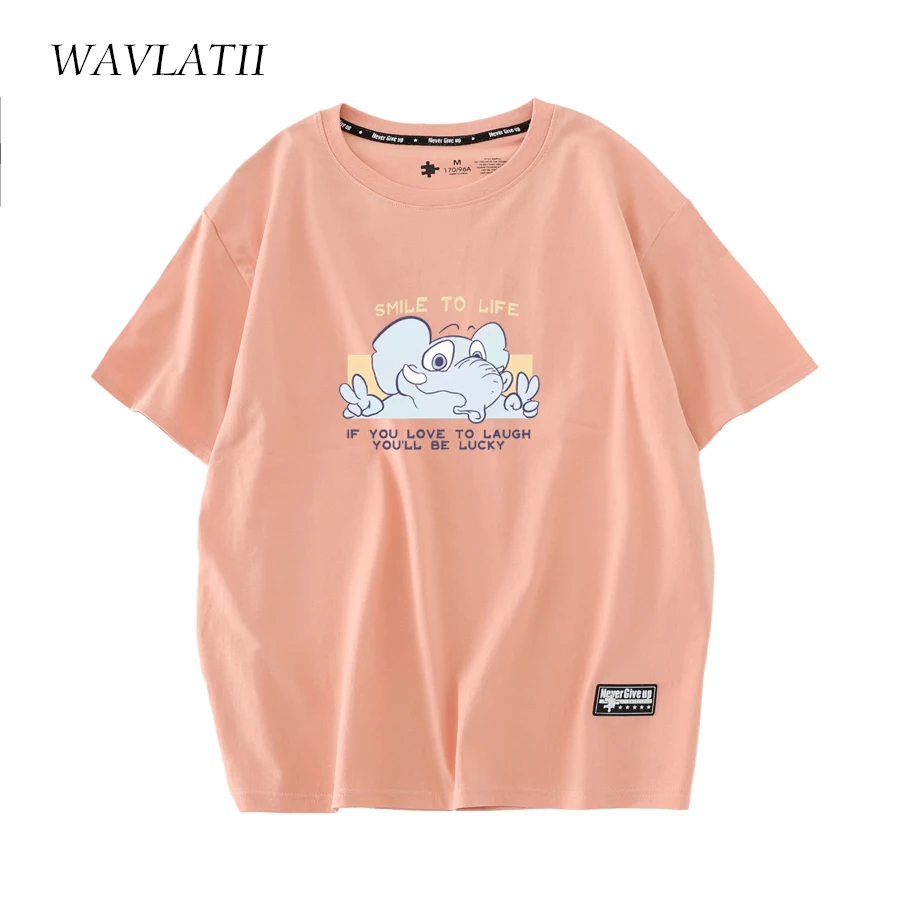 WAVLATII 2022 New Pink Cartoon Print T-shirts for Women 100% Cotton Casual Female Oversized Tees Tops for Summer WT2203