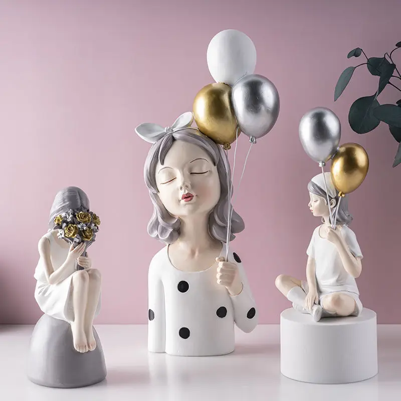 

Modern Cute Balloon Girl Resin Statues Ornaments Store Office Furnishing Decoration Home Livingroom Desktop Accessories Crafts