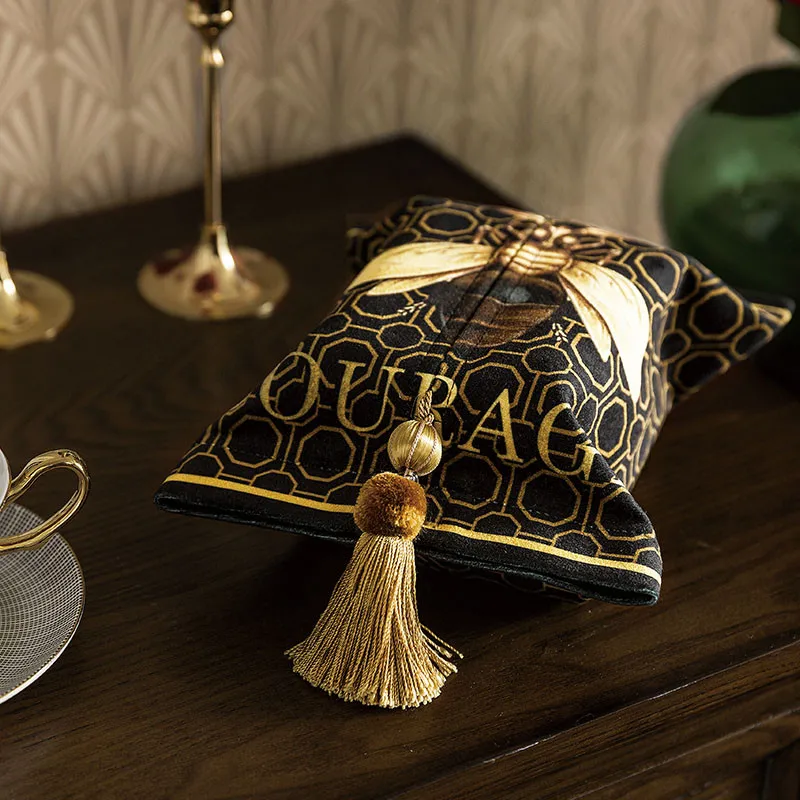 Luxury Velvet Tissue Box,Portable Paper Facial Refill Box,Cover Holder for Office,Home,Easy Carry with Heavy Tassel,Courage Bee