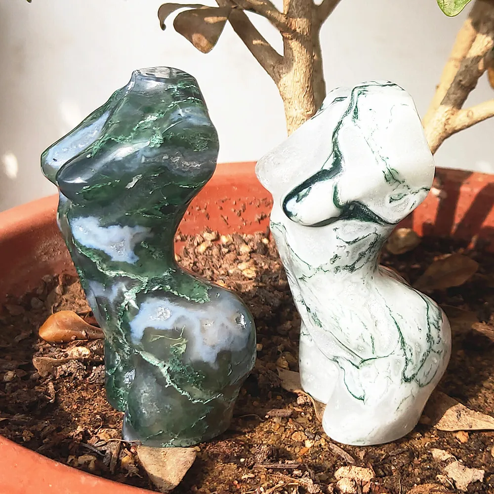 8cm Crystal Goddess Natural Moss Agate Statue Quartz Woman Torso Aquatic Ocean Grass Gemstone Body Sculpture Energy 2pcs