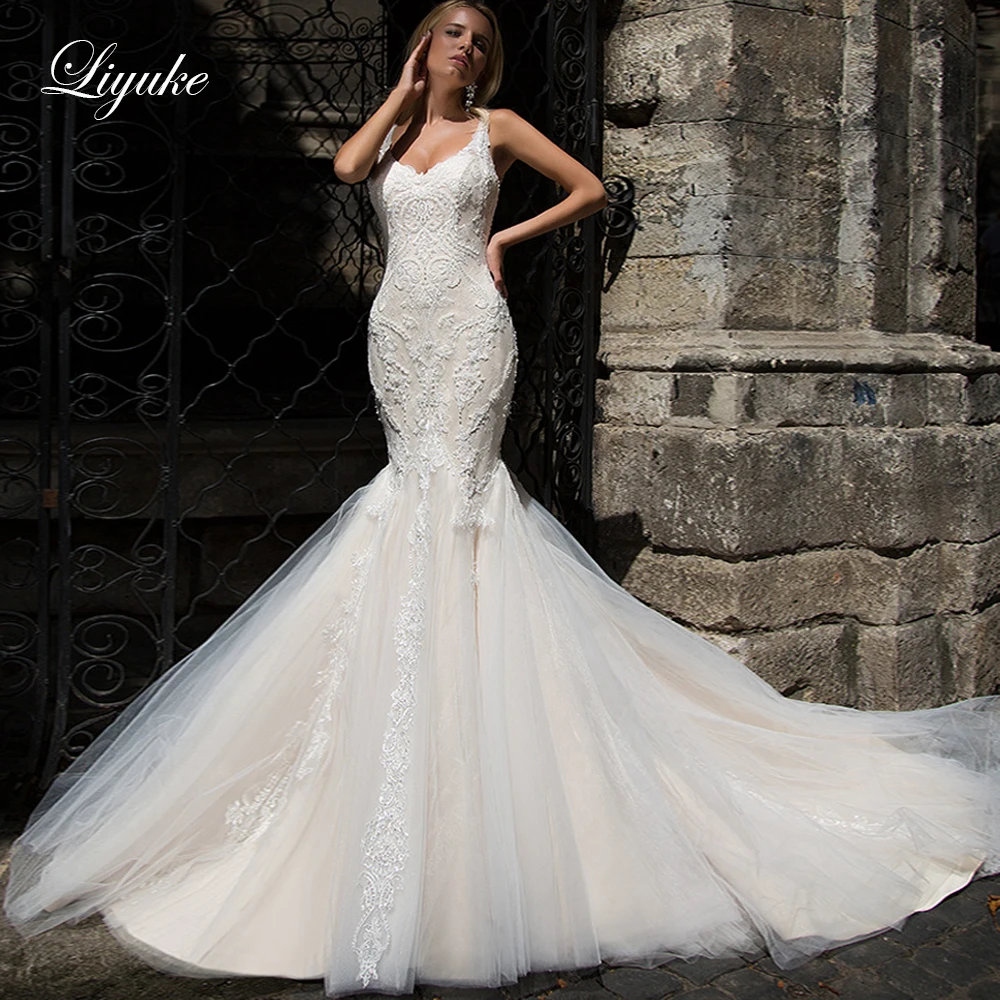 

Liyuke Double V-Neckline Of Mermaid Wedding Dress With Rhinestones Backless Gorgeous Bride Dress