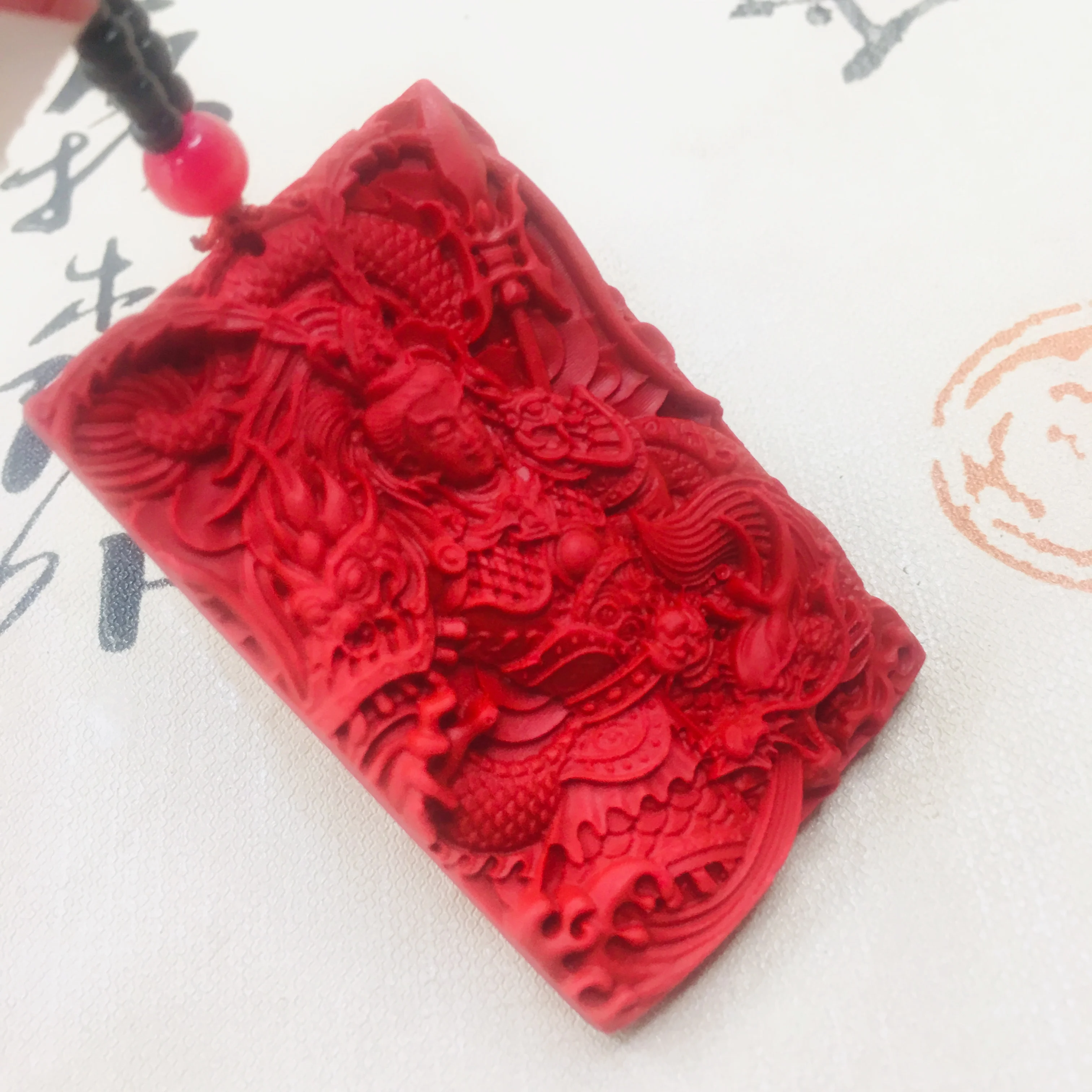 Zheru natural cinnabar carved red warrior pendant with cinnabar bead necklace exquisite men and women sweater chain