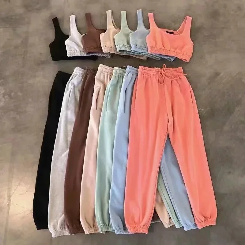 

Pants Two Piece Set Solid Colors Tracksuits Sportwear 2 Piece Set Women Crop Tank Top And Pants Female Casual Home Outfits Suits