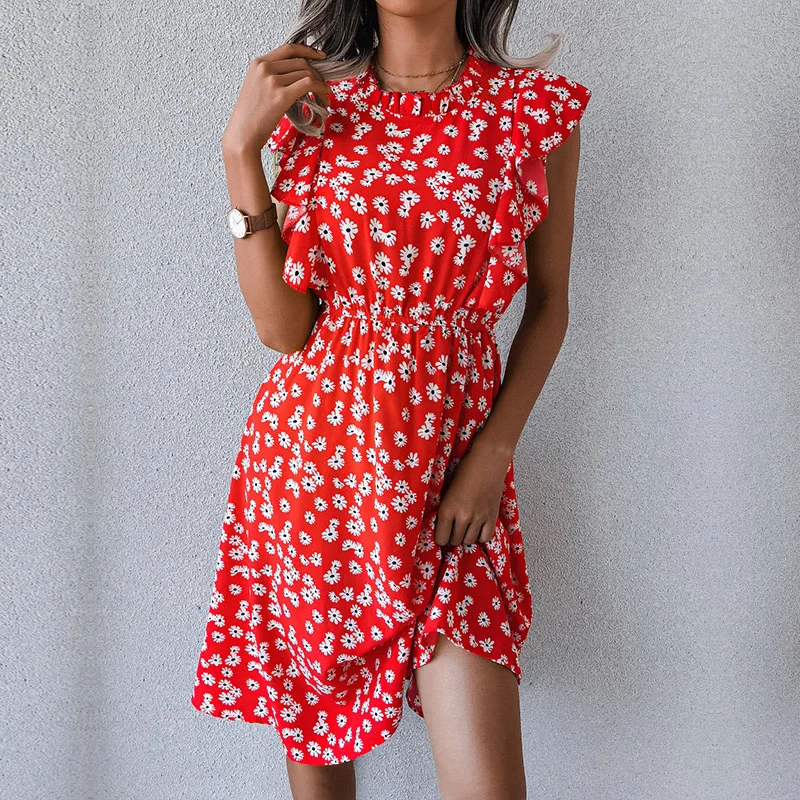 Ficusrong Vintage Butterfly Sleeve Ruffles Heart Dot Print Dress Mulheres Médio Longo Chiffon Ladies Spring Summer Dress