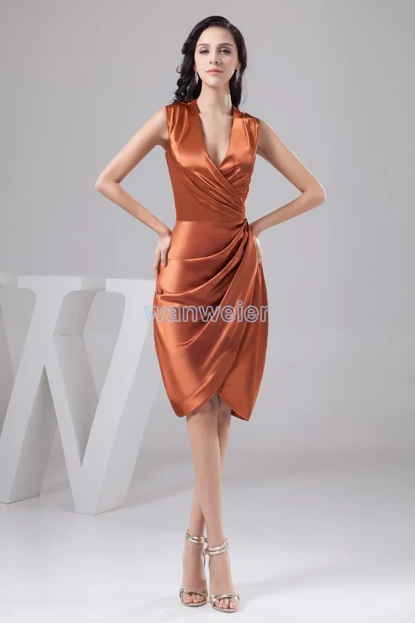 

2015 new design v-neck knee-Length custom sleeveless pleat sexy short Mother of the Bride Dresses free shipping real picture