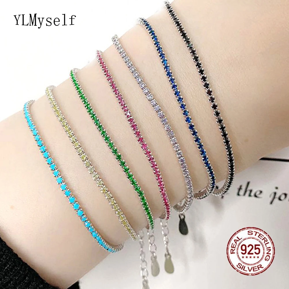 

Pure Silver Tennis Bracelet Pave 1.5 mm Ruby/LT Blue/Turquoise/Montana/White/Jet/Pink/Golden/Green Color Zircon Real 925 Jewelry