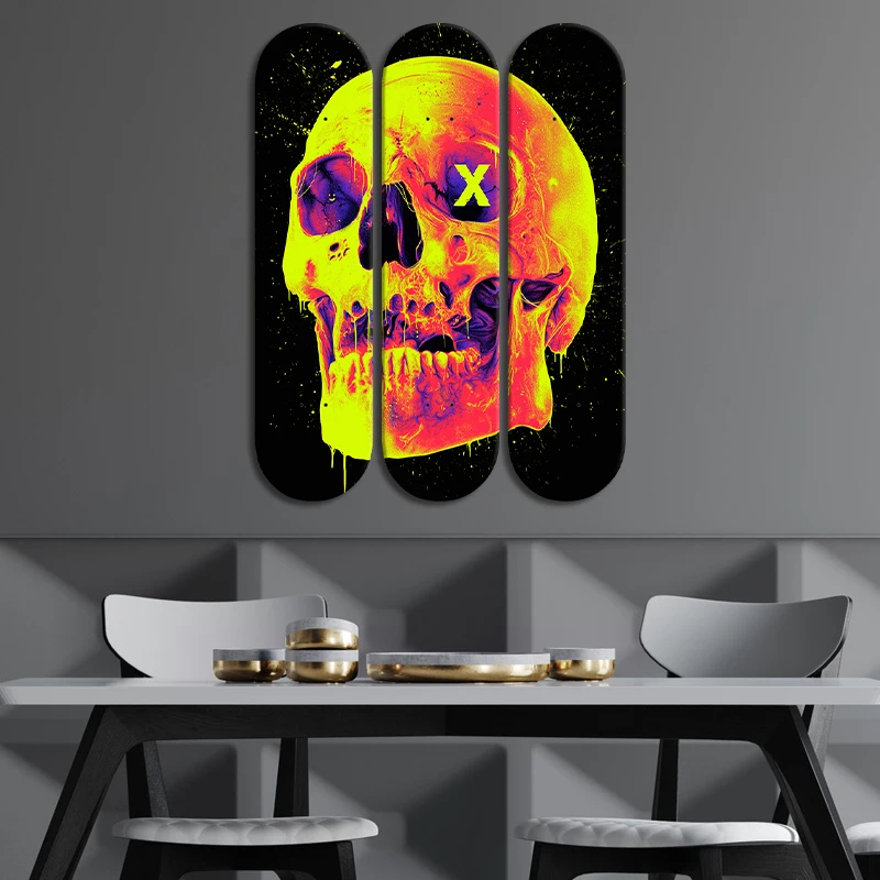 3pcs Skateboard Wall Art Neon Terror Skull Collection Skate Deck Mural Decorative Board for Bar Club Game Room Ornaments