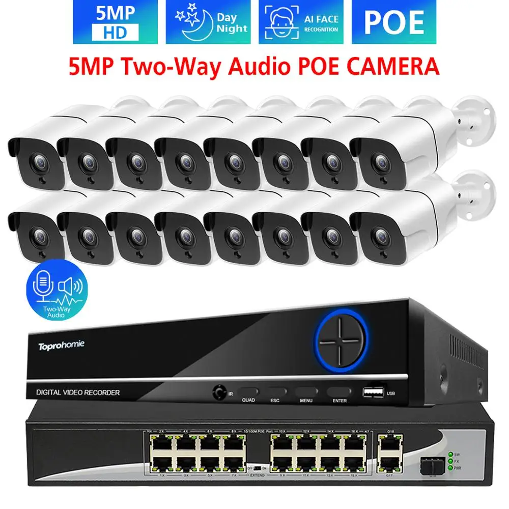 

TOPROHOMIE H.265+ 16CH 5MP AI Face Record 4K NVR kit 48V 5MP security Two Way Audio POE IP Camera System Video Surveillance Kit