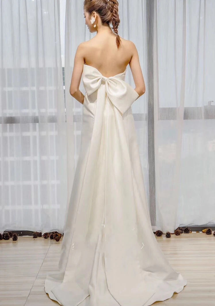 Robe De mariée sirène en Satin, sans bretelles, élégante, avec gros nœud, 2020