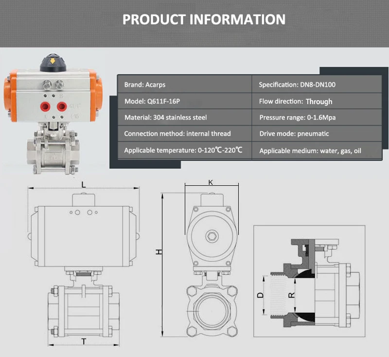 1/2" 3/4" 1" 2" dreiteiliger pneumatischer Kugelhahn mit hoher Plattform, Edelstahl-Innengewinde Q614F-16P, doppeltwirkend – Detail 2