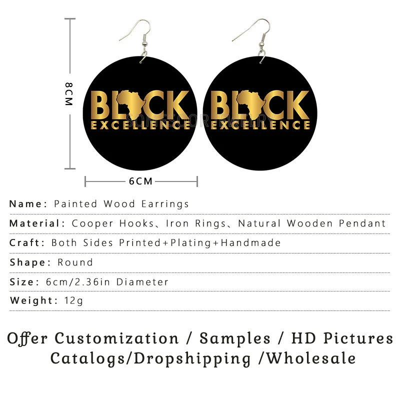 SOMESOOR Unapologetic Black Excellence Printed African Wooden Drop Earrings Golden Color Blessed Hustle Loops Dangle For Women