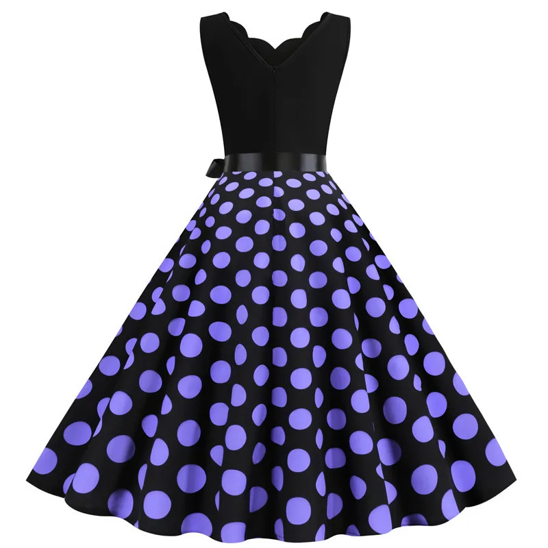 Polka Dot Print Women Summer Dress Black Patchwork Sleeveless V Neck Elegant Vintage Party Casual Midi Dress