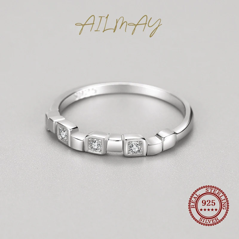 Ailmay Real 925 Sterling Silver Fashion Clear Zircon Stackable Finger Ring For Women Charm Silver Ornaments Wedding Fine Jewelry