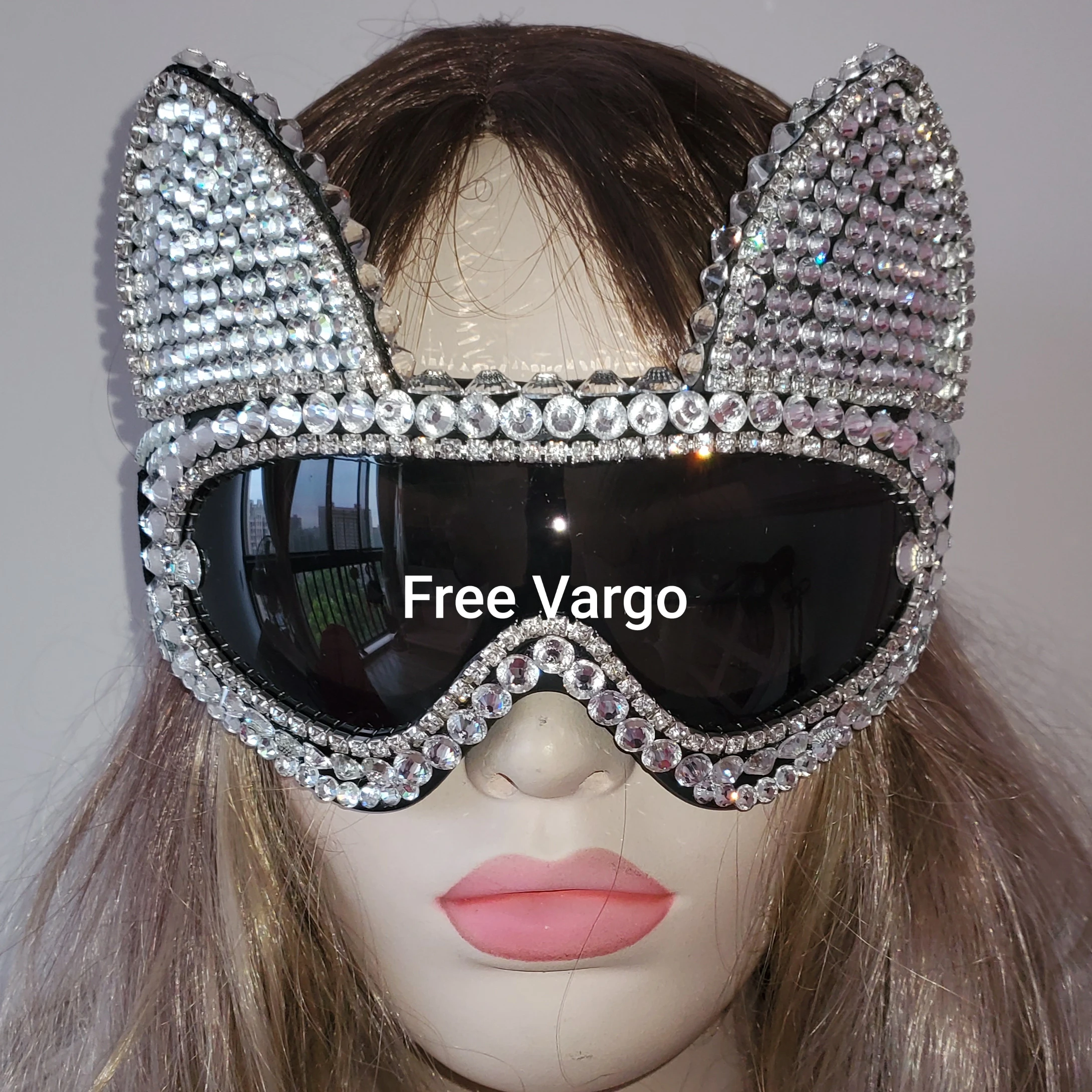 Holographic Rhinestone Silver Cat Burning Man Goggle Festival Mask Costume Headpiece Cyber Goggles Stage Dj EDM EDC Rave Costume