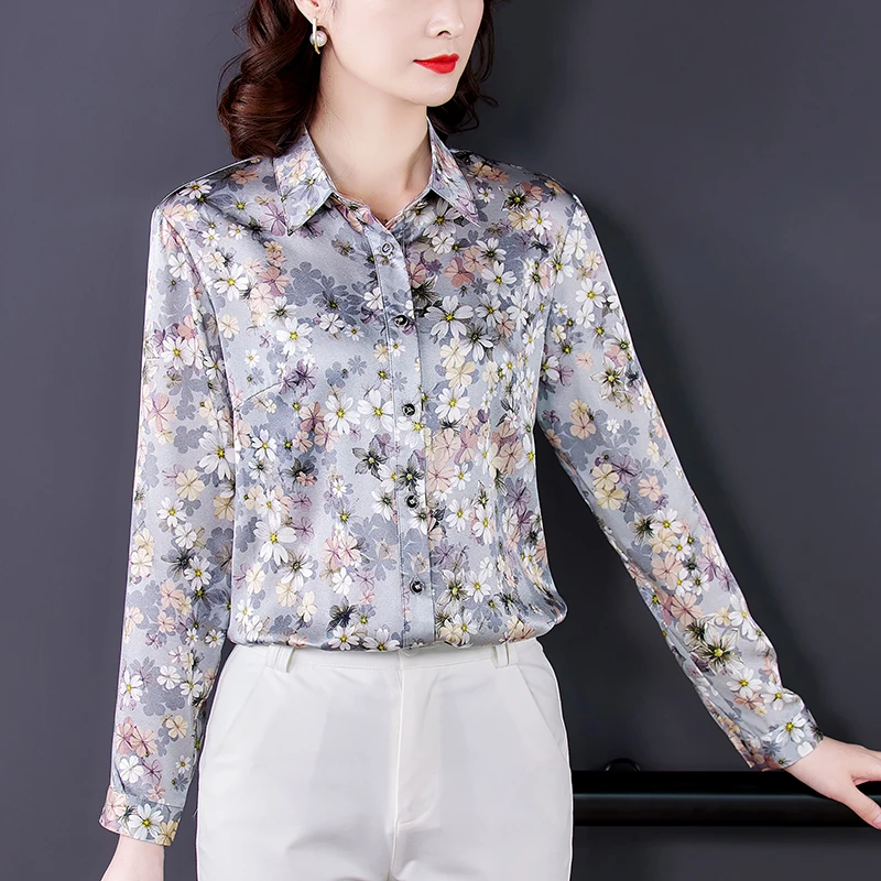 2024 Spring Vintage Florla Natural Silk Satin Tops and Blouses Casual New Office Lady Print Shirt Elegant Bodycon Blouses