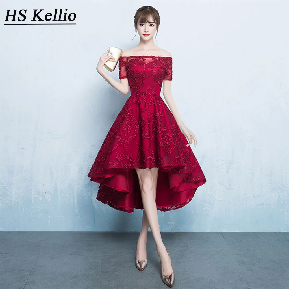 HS Kellio Bridesmaid Dresses Burgundy Off Shoulder Lace Party Dress High Low Gown Under 50