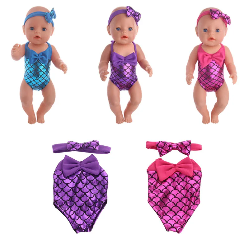 Moda lantejoulas wwimsuit + acessórios bandana para 18 Polegada americano & 43cm bebê recém nascido boneca nossa geração, presente do festival do bebê