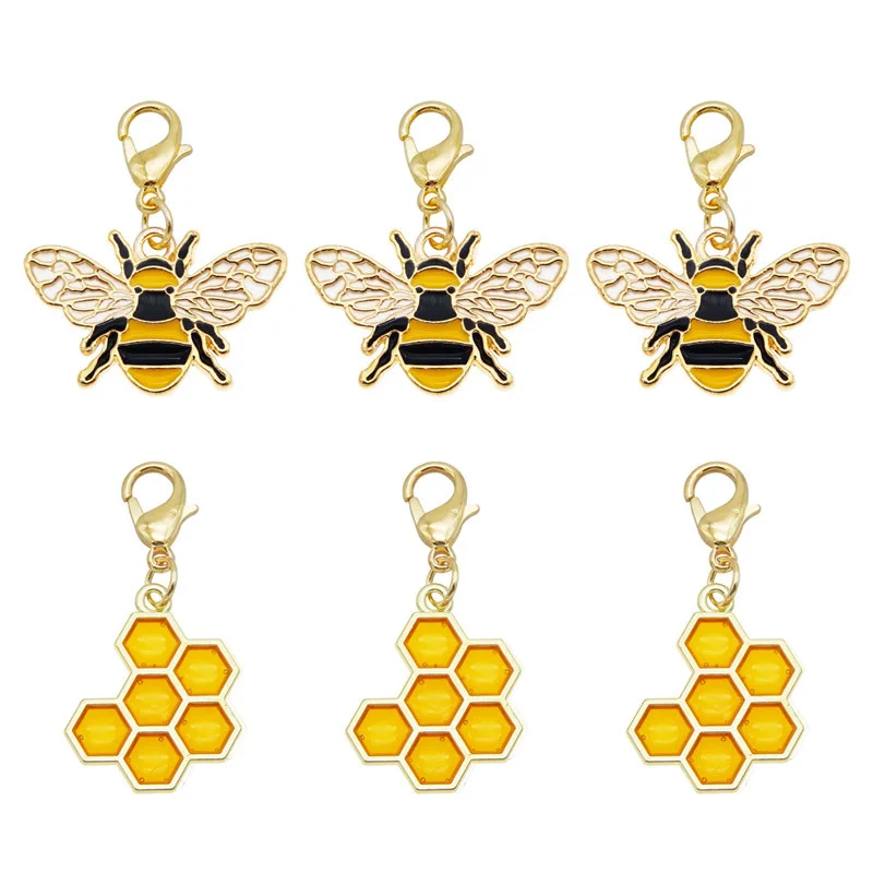 4PCS Bees Charms Honeycomb DIY Keychain Pendant Earring Jewelry Enamel Dangle Necklace Pendant With Lobster Clasp Alloy New