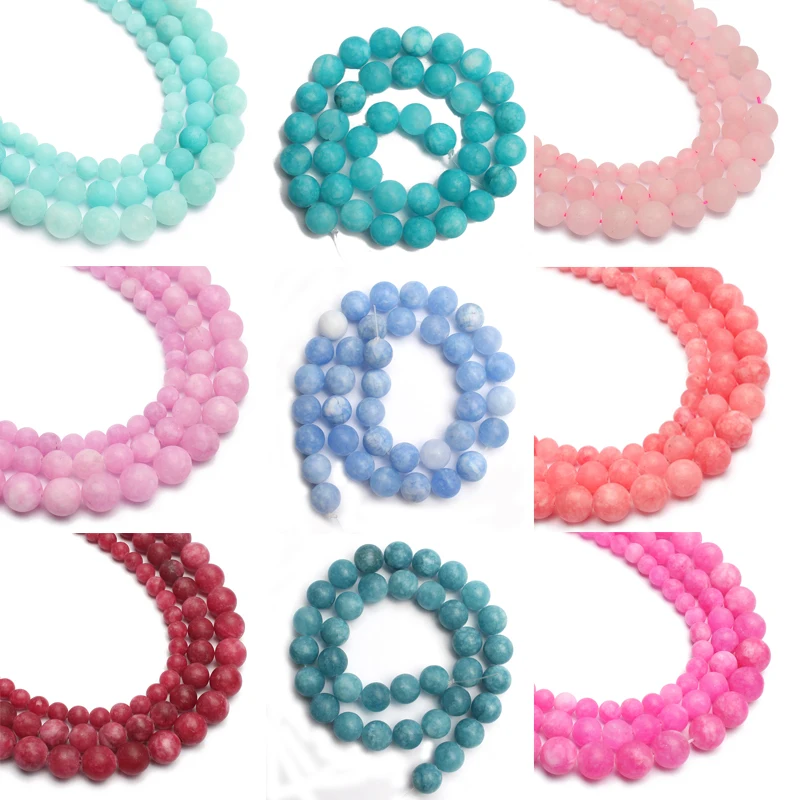 6/8/10mm Matte Stone Beads Dull Polish Amazons Jades Blue Red Pink Round Beads For Jewelry Making 15inch DIY Bracelets