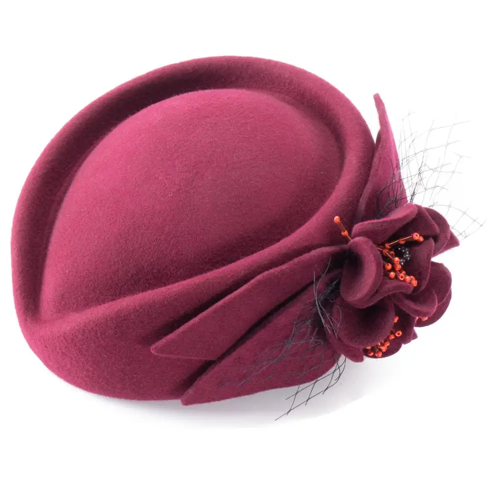 Winter Hats for Women Fascinators Pillbox Bere 100% Wool Felt Formal Dressy Cap Cocktail Church Wedding Bridal A131