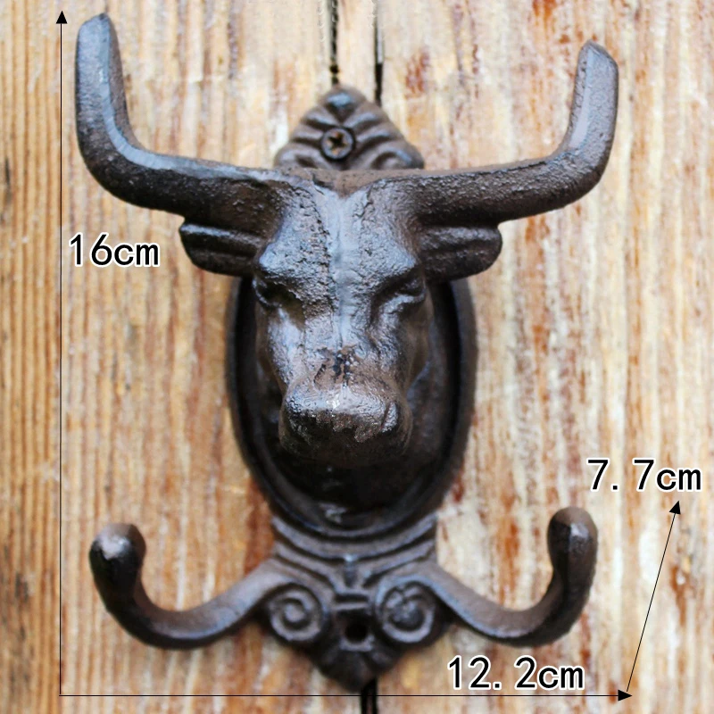 Retro Rustic Bull Head Cast Iron Wall Hook With Two Hangers European Home Garden Decor Animal Head Figurines Metal Wall Hook