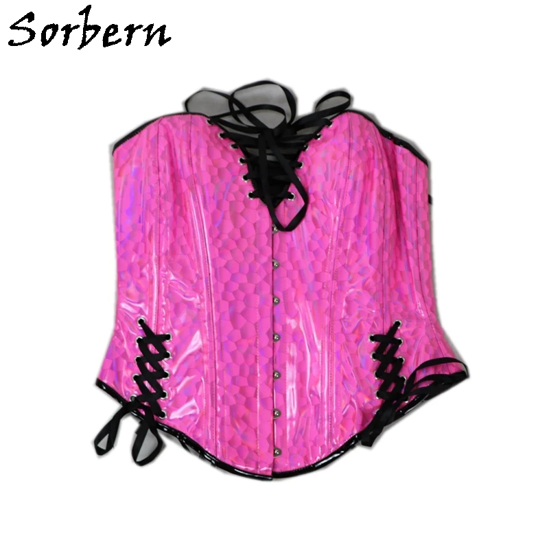 Sorbern Black Laser Women Corset Sexy Fetish U-Shaped Cup Support Breast Steel Bustiers With Corset Lace Up Back Hourglass