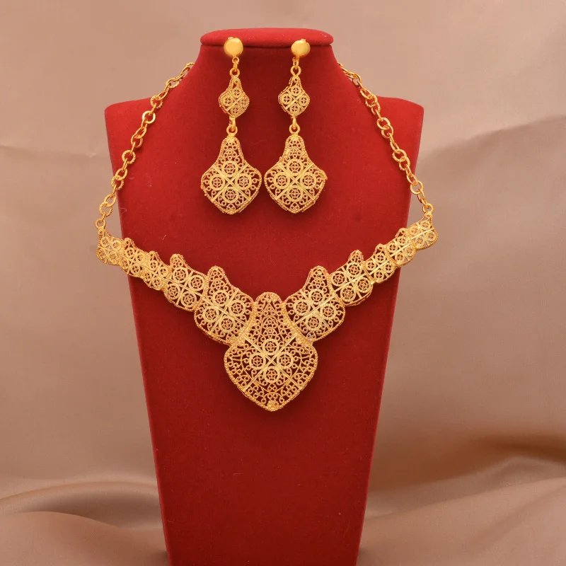 

African Dubai Ethiopian Wedding 24K Gold plated filled bridal jewelry sets wedding Gifts jewellery necklace earrings ring Set