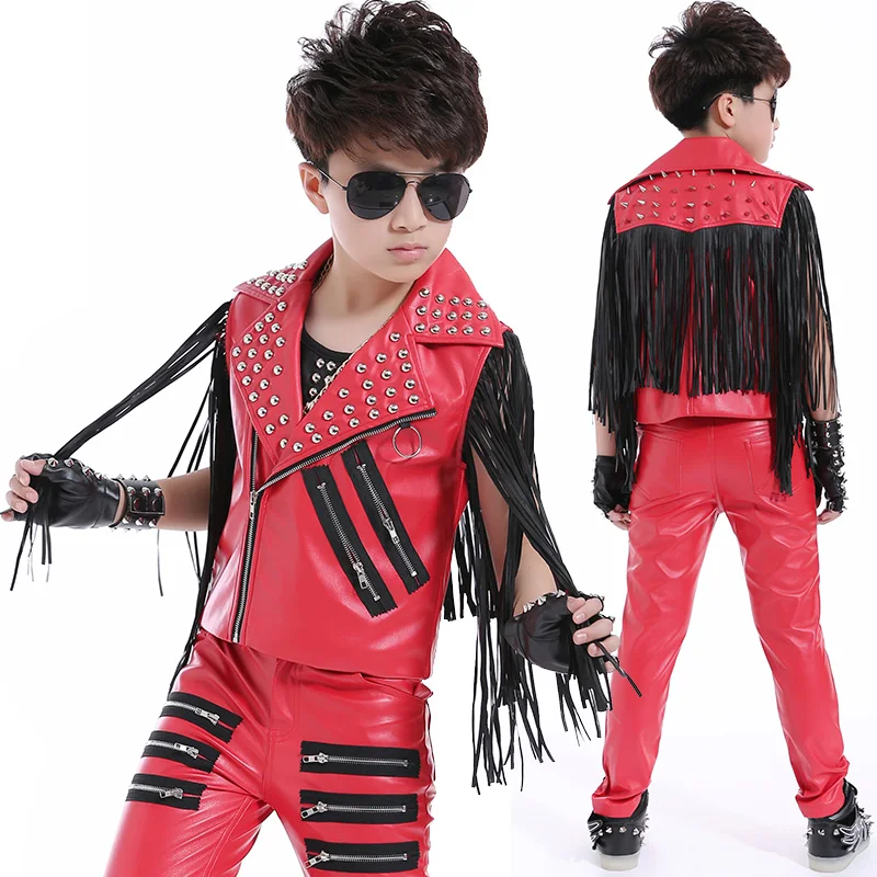 Kids Hip Hop Clothing Fringe Jacket Leather Pants Jazz Drum Performance Costume White/Black/Red Stage Clothes Rave Wear DNV14089