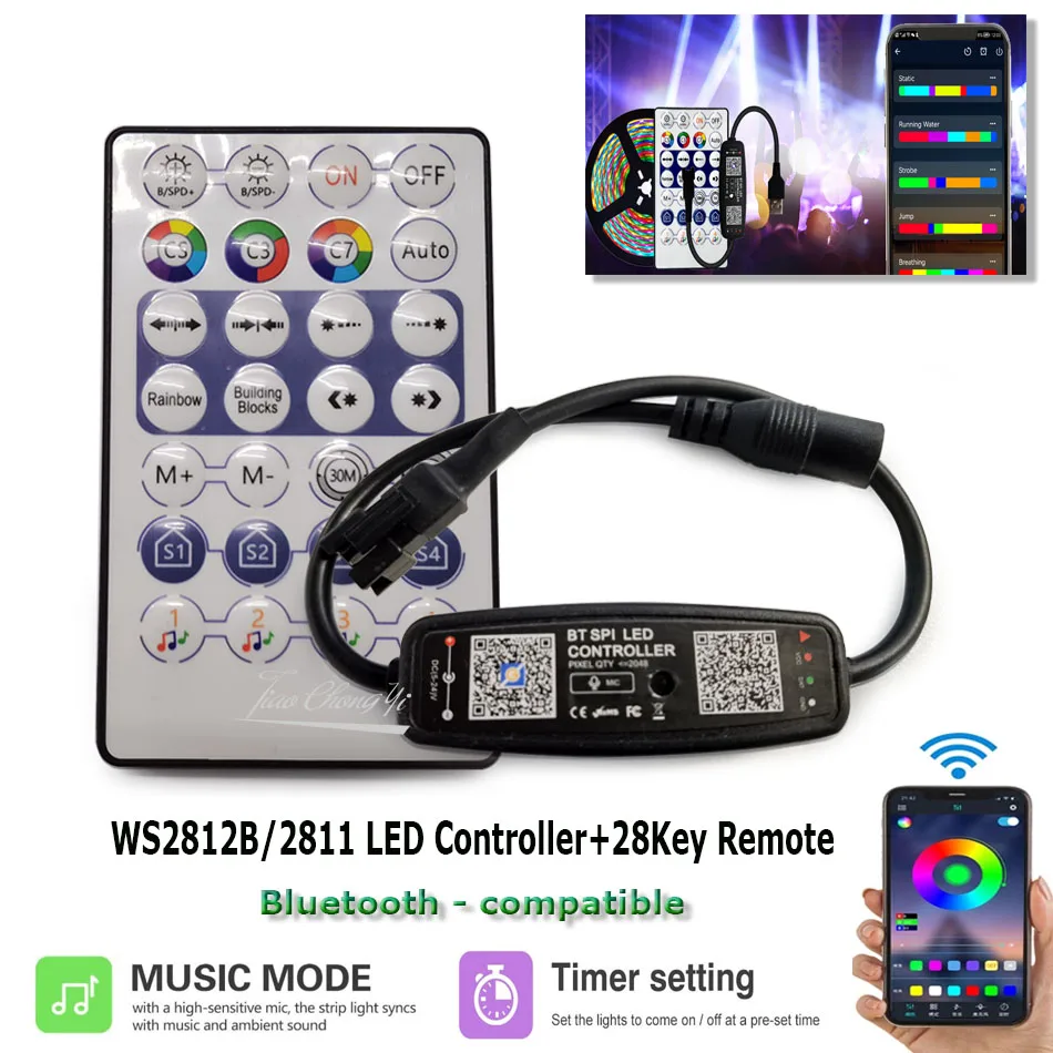 Ws2812b led controlador bluetooth -- música compatível para sk6812 ws2811 ws2812 pixel led tira luz app 28 teclas remoto DC5-24V