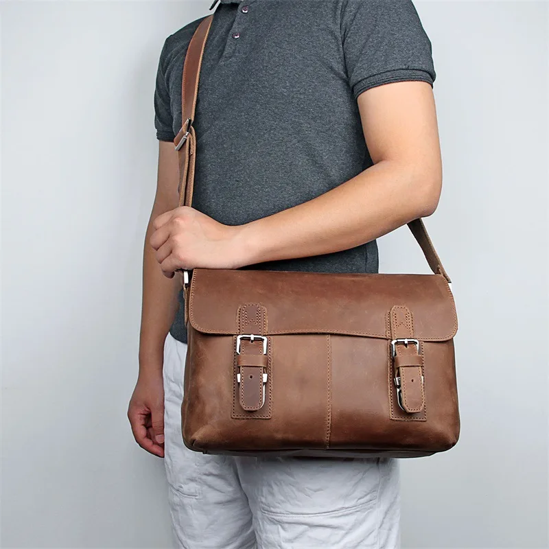 Nesitu High Quality Brown Vintage 100% Thick Genuine Crazy Horse Leather Cross Body Men Messenger Bags Male Shoulder Bag M6002