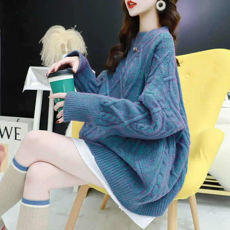 Autumn O-Neck Long Sleeve Knitted Sweater Women Jumper Ladies Fake Two Loose Fashion Red Pink Blue Knitting Pullover Tops Female