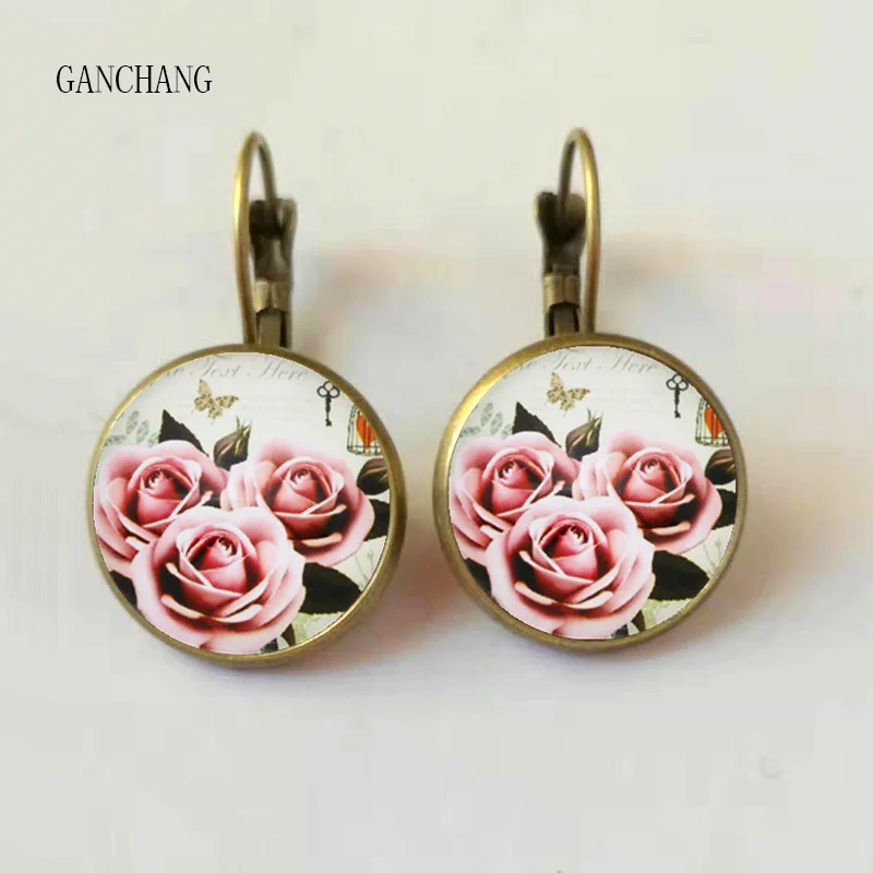 new rose earrings beautiful rose retro round glass handmade photo earrings ladies jewelry