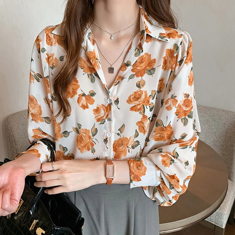 Blusas Femininas Shirts 2022 Korean Fashion Clothing Chiffon Shirts for Women Clothing Tops Floral V-Neck Lantern Sleeve 0659