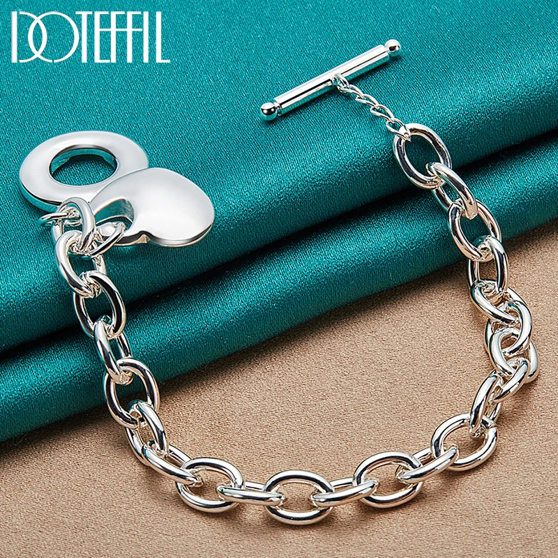 

DOTEFFIL 925 Sterling Silver Solid Heart Pendant Bracelet Thick Chain For Woman Man Charm Wedding Engagement Fashion Jewelry