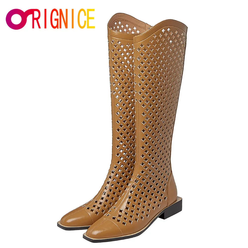 

Orignice High Quality Chunky Heels Zipper Women Hollow Out Knee High Sandal Boots Summer Fashion Square Toe Brown Black Shoes