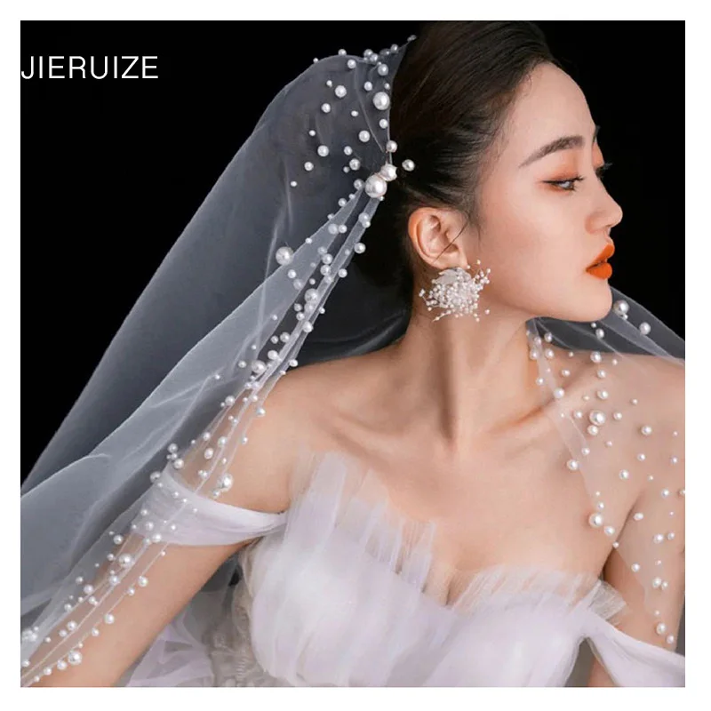 JIERUIZE Pearls Luxury long Wedding Veils 2020 Cathedral Bridal Veils Veus de noiva Wedding Accessories