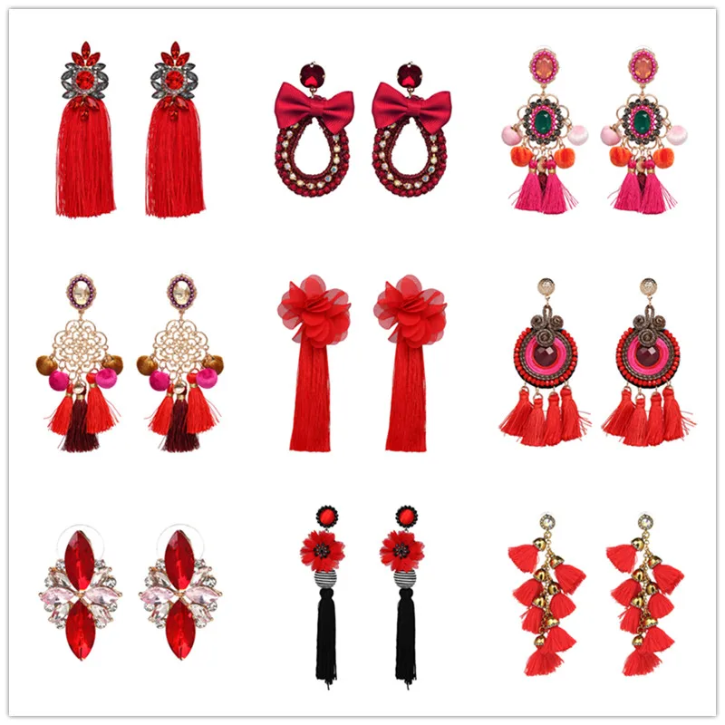 JURAN 32 Designs Red Bohemian Handmade Tassel Earrings For Women Female Crystal Dangle Earring Brincos Statement Fashion Jewelry