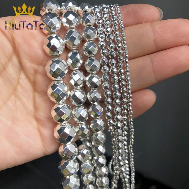 Faceted Natural Stone Silver Plated Hematite Round Loose Beads For Jewelry Making DIY Bracelet Accessories 15''2/3/4/6/8/10/12mm