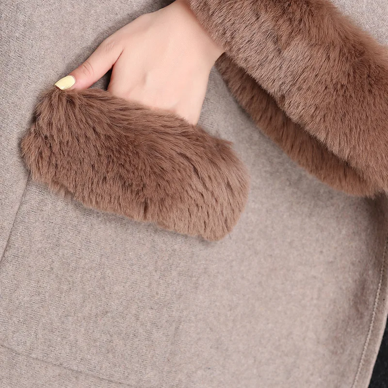 8 Colors Women Big Turn-down Faux Rabbit Fur Neck Outstreet Wear Winter Warm Thick Cardigan Long Cloak Loose Coat With Pocket